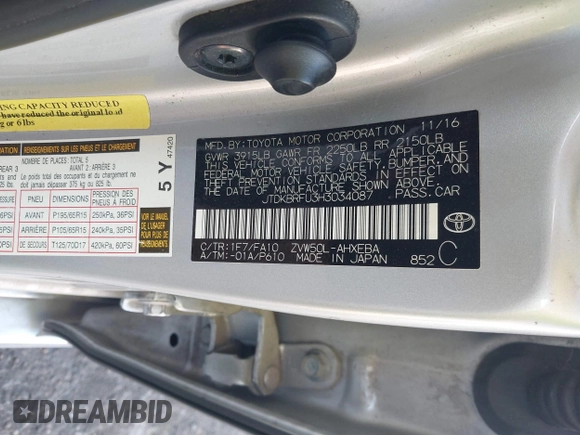 2017 Toyota Prius Two with VIN JTDKBRFU3H3034087, listed as a IAAI auction lot 40982253 with 158,745 mi miles and . Bid and sale history available at DreamBid. Image 9.
