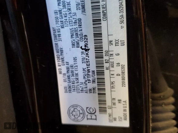 2018 Ford F-150 XL with VIN 1FTFW1E57JKD39329, listed as a Copart auction lot 50186765 with 86,089 mi miles and Non Repairable. Bid and sale history available at carsss.com. Image 12.