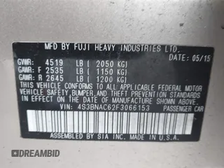 2015 Subaru Legacy Premium with VIN 4S3BNAC62F3066153, listed as a IAAI auction lot 41971164 with 57,888 mi miles and . Bid and sale history available at DreamBid. Image 9.