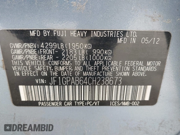 2012 Subaru Impreza Premium with VIN JF1GPAB64CH238673, listed as a IAAI auction lot 42548253 with 147,734 mi miles and . Bid and sale history available at DreamBid. Image 9.