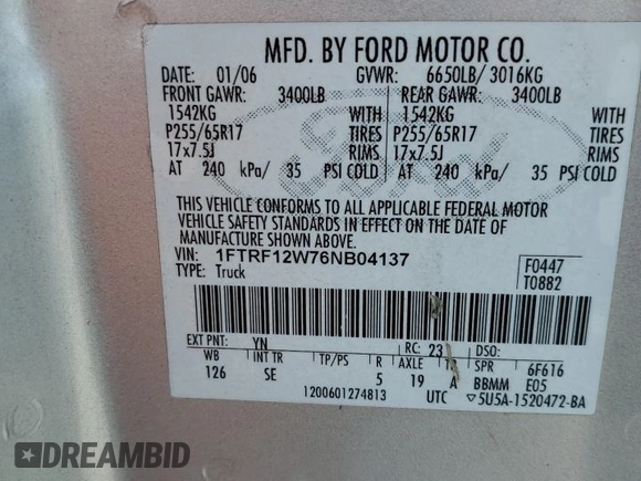 2006 Ford F-150 XL с VIN 1FTRF12W76NB04137, выставлен на аукционе Copart как лот 62117615 с пробегом Не указан миль и Списание • Salvage title. История ставок и продаж доступна на DreamBid. Изображение 12.