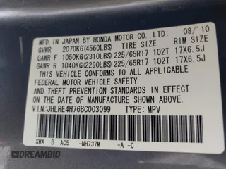 2011 Honda CR-V EX-L with VIN JHLRE4H76BC003099, listed as a IAAI auction lot 42115963 with 166,297 mi miles. Bid and sale history available at carsss.com. Image 9.