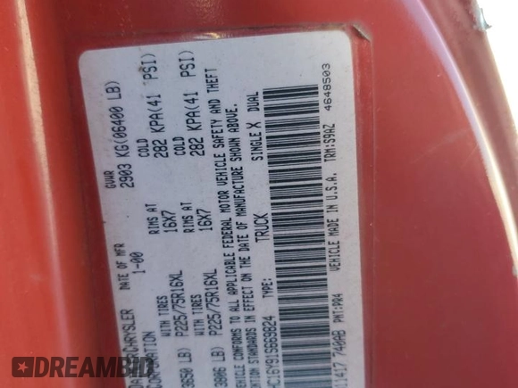 2001 Dodge 1500 z VIN 1B7HC16Y91S669824, wystawiony jako Copart lot #41640905 z przebiegiem 158 869 mil mil oraz Szkoda całkowita • Salvage title. Historia ofert i sprzedaży dostępna na DreamBid. Obrazek 12.