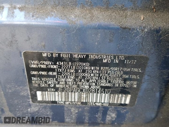 2013 Subaru Crosstrek Limited с VIN JF2GPAGCXD2814510, выставлен на аукционе Copart как лот 86892114 с пробегом 97 654 миль миль и Списание • Salvage title. История ставок и продаж доступна на DreamBid. Изображение 12.