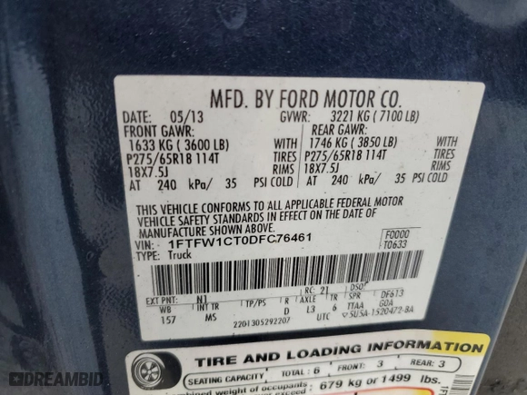 2013 Ford F-150 XL with VIN 1FTFW1CT0DFC76461, listed as a Copart auction lot 47302115 with 0 mi miles and Non Repairable. Bid and sale history available at carsss.com. Image 13.