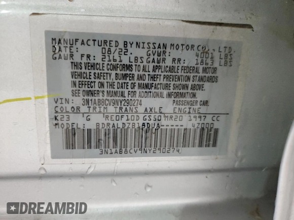 2022 Nissan Sentra SV with VIN 3N1AB8CV9NY290274, listed as a Copart auction lot 50655435 with 53,060 mi miles and Salvage Title. Bid and sale history available at DreamBid. Image 12.