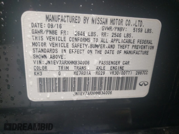 2017 Infiniti Q50 Premium with VIN JN1EV7ARXHM834006, listed as a Copart auction lot 57893235 with 65,068 mi miles and Salvage title. Bid and sale history available at DreamBid. Image 12.