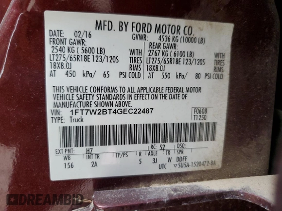 2016 Ford F-250 Lariat z VIN 1FT7W2BT4GEC22487, wystawiony jako Copart lot #55628905 z przebiegiem Nie podano mil oraz Szkoda całkowita • Salvage title. Historia ofert i sprzedaży dostępna na DreamBid. Obrazek 13.