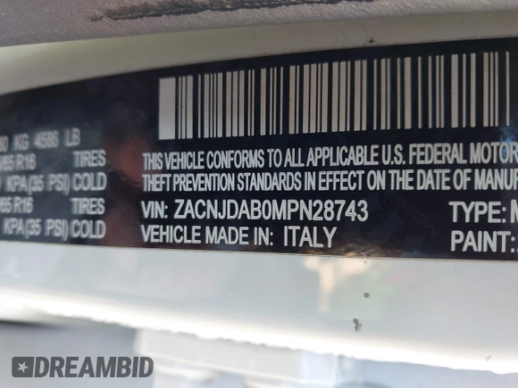 2021 Jeep Renegade Jeepster with VIN ZACNJDAB0MPN28743, listed as a IAAI auction lot 41354556 with 35,738 mi miles and . Bid and sale history available at DreamBid. Image 9.