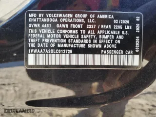 2020 Volkswagen Passat 2.0T S with VIN 1VWAA7A3XLC012725, listed as a Copart auction lot 82142864 with 109,510 mi miles and Salvage Title. Bid and sale history available at carsss.com. Image 14.