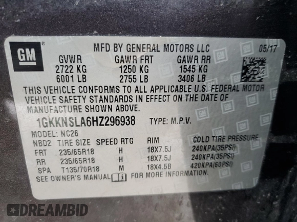 2017 GMC Acadia SLE with VIN 1GKKNSLA6HZ296938, listed as a Copart auction lot 89137085 with 132,557 mi miles and Salvage Title. Bid and sale history available at carsss.com. Image 13.