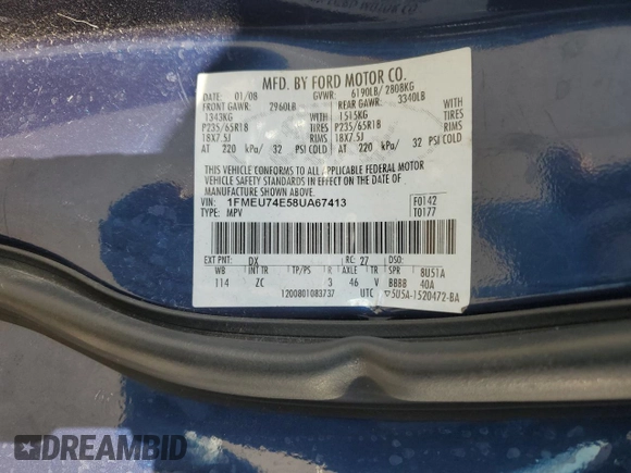 2008 Ford Explorer Eddie Bauer с VIN 1FMEU74E58UA67413, выставлен на аукционе Copart как лот 65111545 с пробегом Не указан миль и На запчасти • Non repairable. История ставок и продаж доступна на DreamBid. Изображение 14.