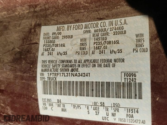 2001 Ford F-150 XL with VIN 1FTRF17L31NA34241, listed as a Copart auction lot 76045554 with Not provided miles and Salvage title. Bid and sale history available at DreamBid. Image 12.