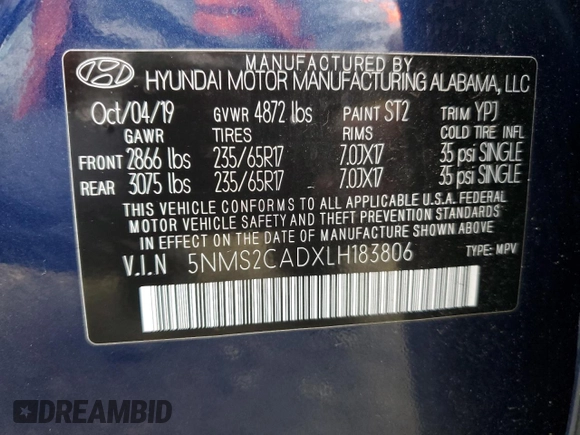 2020 Hyundai Santa Fe SE with VIN 5NMS2CADXLH183806, listed as a Copart auction lot 42103243 with 15,360 mi miles and . Bid and sale history available at DreamBid. Image 15.