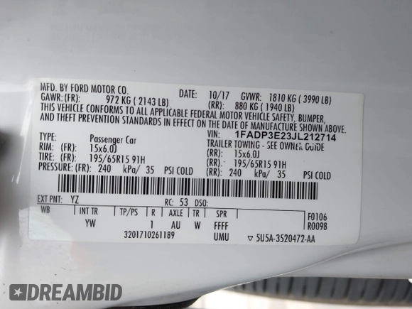 2018 Ford Focus S with VIN 1FADP3E23JL212714, listed as a IAAI auction lot 41895883 with 116,658 mi miles. Bid and sale history available at carsss.com. Image 9.