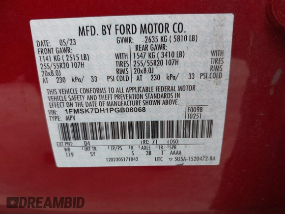 2023 Ford Explorer XLT с VIN 1FMSK7DH1PGB08068, выставлен на аукционе IAAI как лот 42462456 с пробегом 31 443 миль миль и . История ставок и продаж доступна на DreamBid. Изображение 9.