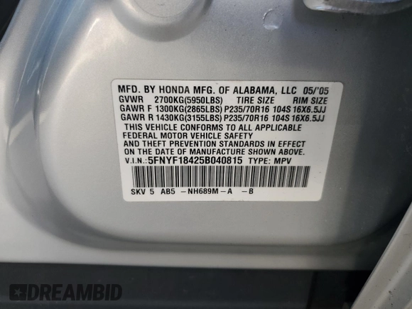2005 Honda Pilot EX with VIN 5FNYF18425B040815, listed as a Copart auction lot 85484094 with 189,149 mi miles and Salvage Title. Bid and sale history available at DreamBid. Image 13.