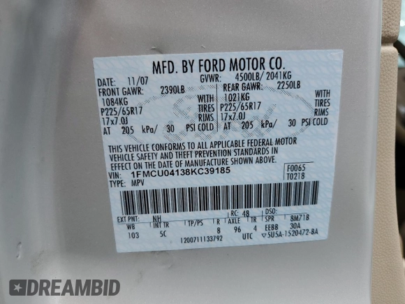 2008 Ford Escape Limited с VIN 1FMCU04138KC39185, выставлен на аукционе Copart как лот 56640295 с пробегом 149 956 миль миль и Списание • Salvage title. История ставок и продаж доступна на DreamBid. Изображение 14.