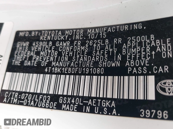 2015 Toyota Avalon Limited with VIN 4T1BK1EB0FU191080, listed as a IAAI auction lot 42102618 with 116,225 mi miles and . Bid and sale history available at DreamBid. Image 9.