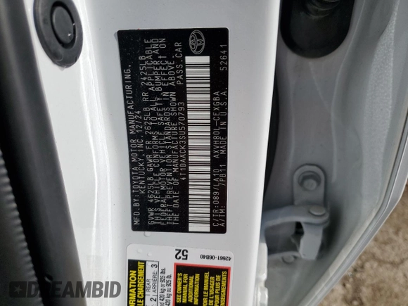 2025 Toyota Camry LE z VIN 4T1DAACK3SU570793, wystawiony jako Copart lot #55525395 z przebiegiem Nie podano mil oraz Szkoda całkowita • Salvage title. Historia ofert i sprzedaży dostępna na DreamBid. Obrazek 12.