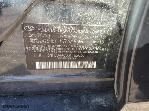 2011 Hyundai Sonata GLS with VIN 5NPEB4AC6BH192630, listed as a Copart auction lot 49996795 with 91,094 mi miles and Salvage Title. Bid and sale history available at carsss.com. Image 12.