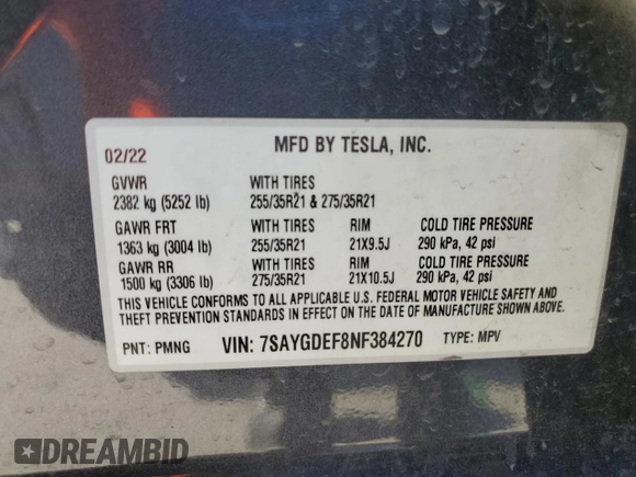 2022 Tesla Model Y Performance with VIN 7SAYGDEF8NF384270, listed as a Copart auction lot 56718215 with Not provided miles and Salvage title. Bid and sale history available at DreamBid. Image 13.