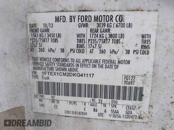 2013 Ford F-150 XL with VIN 1FTEX1CM2DKG41117, listed as a IAAI auction lot 42035732 with 1 mi miles. Bid and sale history available at carsss.com. Image 9.