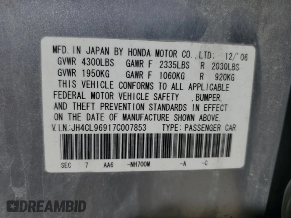 2007 Acura TSX Navi with VIN JH4CL96917C007853, listed as a Copart auction lot 53333895 with 122,573 mi miles and Salvage Title. Bid and sale history available at carsss.com. Image 14.