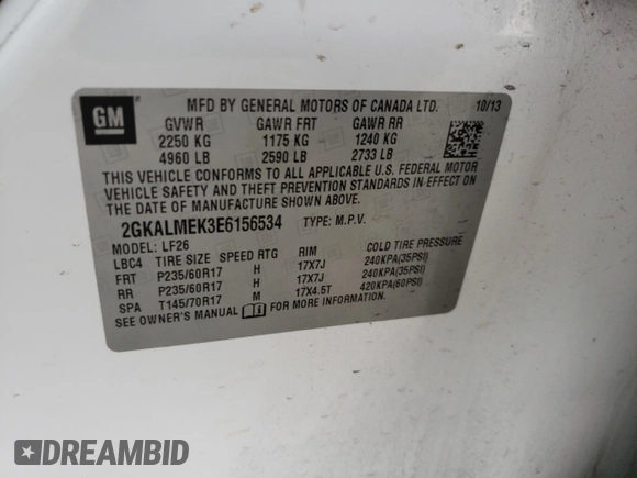 2014 GMC Terrain SLE с VIN 2GKALMEK3E6156534, выставлен на аукционе Copart как лот 52644535 с пробегом 162 451 миль миль и Списание • Salvage title. История ставок и продаж доступна на DreamBid. Изображение 15.