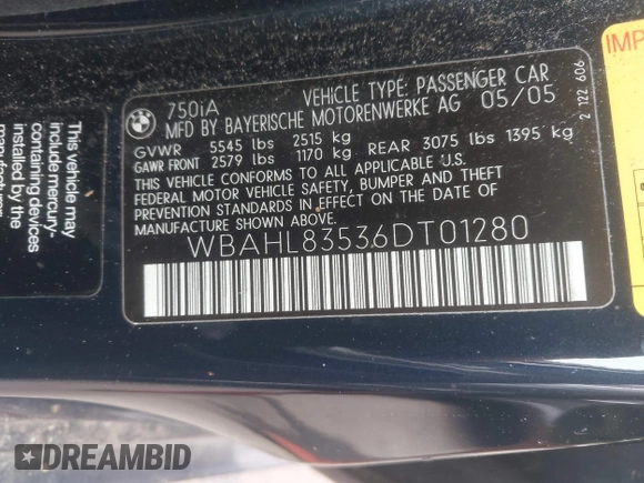2006 BMW 7 Series 750i with VIN WBAHL83536DT01280, listed as a IAAI auction lot 42434025 with 181,189 mi miles and . Bid and sale history available at DreamBid. Image 9.