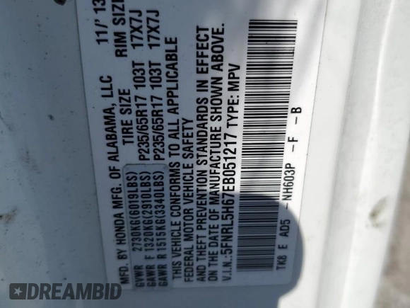 2014 Honda Odyssey EX-L with VIN 5FNRL5H67EB051217, listed as a Copart auction lot 59954225 with 262,816 mi miles and Salvage title. Bid and sale history available at DreamBid. Image 14.