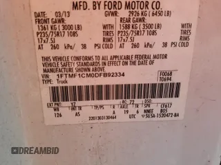 2013 Ford F-150 XL z VIN 1FTMF1CM0DFB92334, wystawiony jako Copart lot #60467615 z przebiegiem Nie podano mil oraz Szkoda całkowita • Salvage title. Historia ofert i sprzedaży dostępna na DreamBid. Obrazek 12.