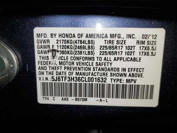 2012 Honda Crosstour EX with VIN 5J6TF3H36CL001632, listed as a Copart auction lot 51768845 with 216,886 mi miles and Salvage Title. Bid and sale history available at carsss.com. Image 15.