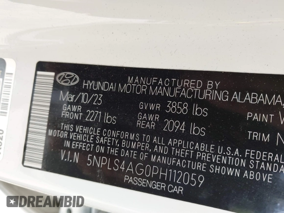 2023 Hyundai Elantra SEL with VIN 5NPLS4AG0PH112059, listed as a IAAI auction lot 42235481 with 32,165 mi miles and . Bid and sale history available at DreamBid. Image 9.