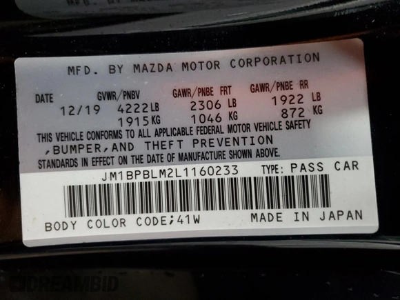 2020 Mazda 3 z VIN JM1BPBLM2L1160233, wystawiony jako Copart lot #84307934 z przebiegiem 44 417 mil mil oraz Szkoda całkowita • Salvage title. Historia ofert i sprzedaży dostępna na DreamBid. Obrazek 14.