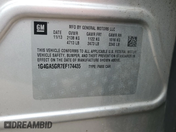 2014 Buick LaCrosse with VIN 1G4GA5GR7EF174435, listed as a Copart auction lot 50877835 with 107,226 mi miles and Salvage title. Bid and sale history available at DreamBid. Image 12.
