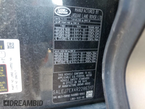 2024 Land Rover Defender S with VIN SALEJ7EX4R2286317, listed as a Copart auction lot 75647954 with 11,710 mi miles and Salvage title. Bid and sale history available at DreamBid. Image 13.