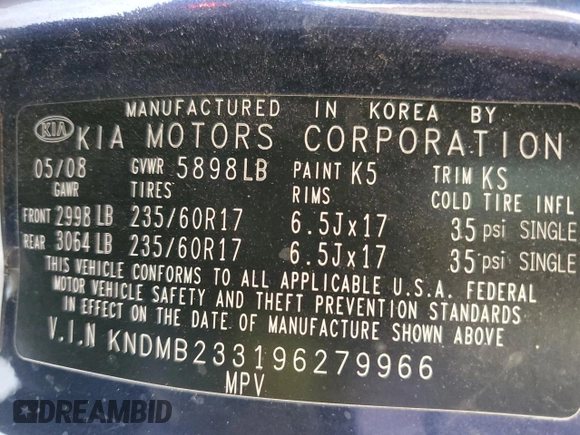 2009 Kia Sedona LX with VIN KNDMB233196279966, listed as a Copart auction lot 49606935 with 125,226 mi miles and Salvage Title. Bid and sale history available at carsss.com. Image 13.