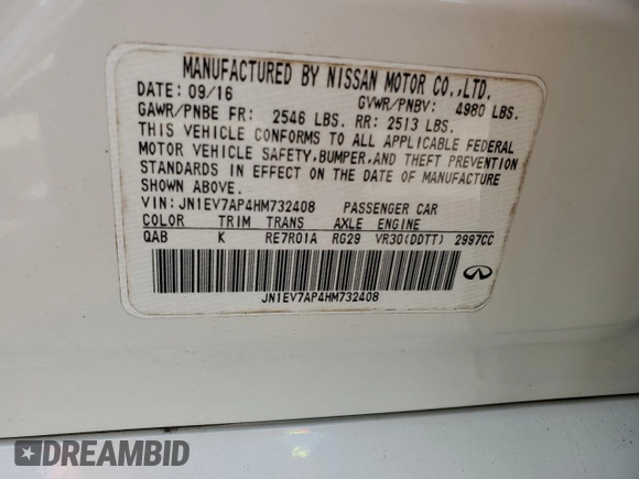 2017 Infiniti Q50 Premium with VIN JN1EV7AP4HM732408, listed as a Copart auction lot 58700435 with 103,304 mi miles and Salvage title. Bid and sale history available at DreamBid. Image 12.