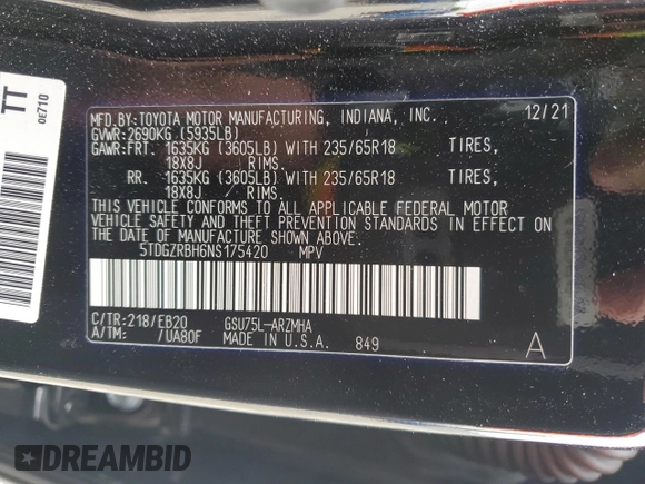 2022 Toyota Highlander XLE with VIN 5TDGZRBH6NS175420, listed as a Copart auction lot 57328585 with 47,962 mi miles and Salvage title. Bid and sale history available at DreamBid. Image 14.