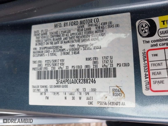 2012 Ford Fusion SEL with VIN 3FAHP0JA0CR288246, listed as a IAAI auction lot 41971498 with 81,425 mi miles. Bid and sale history available at carsss.com. Image 9.