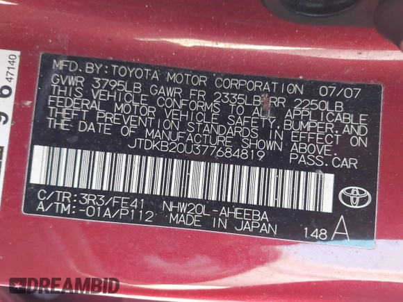 2007 Toyota Prius with VIN JTDKB20U377684819, listed as a IAAI auction lot 41815818 with 223,291 mi miles and . Bid and sale history available at DreamBid. Image 9.