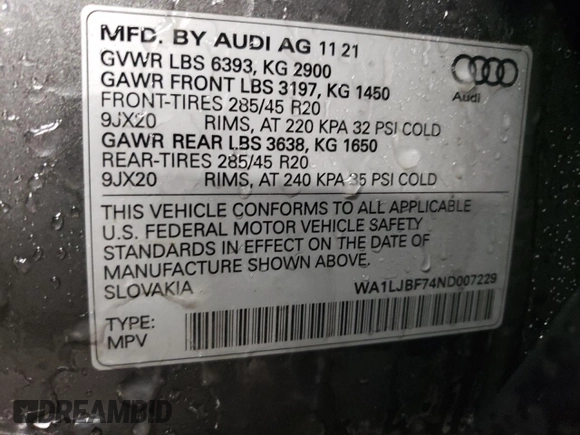 2022 Audi Q7 Premium Plus with VIN WA1LJBF74ND007229, listed as a Copart auction lot 88973875 with 18,304 mi miles and Salvage title. Bid and sale history available at DreamBid. Image 12.