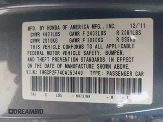 2012 Honda Accord EX with VIN 1HGCP2F74CA053440, listed as a IAAI auction lot 42615509 with 352,422 mi miles and . Bid and sale history available at DreamBid. Image 9.