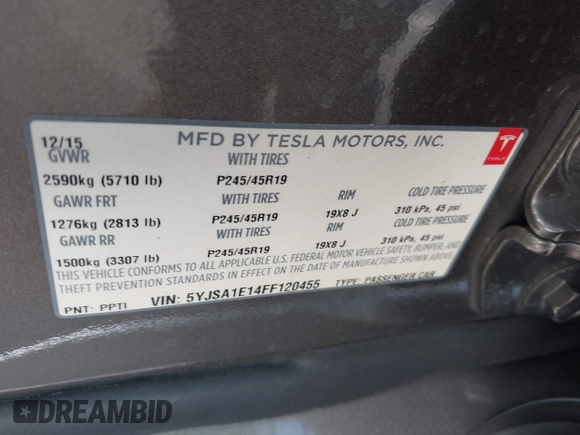 2015 Tesla Model S 85 with VIN 5YJSA1E14FF120455, listed as a IAAI auction lot 42053306 with 62,817 mi miles and . Bid and sale history available at DreamBid. Image 9.