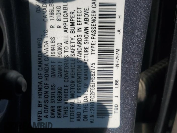 2018 Honda Civic LX with VIN 2HGFC2F56JH562175, listed as a Copart auction lot 54847145 with 87,228 mi miles and Salvage Title. Bid and sale history available at DreamBid. Image 12.