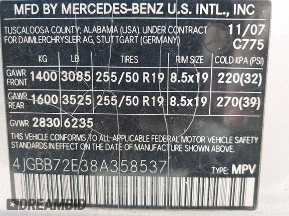 2008 Mercedes-Benz M 550 with VIN 4JGBB72E38A358537, listed as a IAAI auction lot 41822310 with 174,720 mi miles and . Bid and sale history available at carsss.com. Image 9.