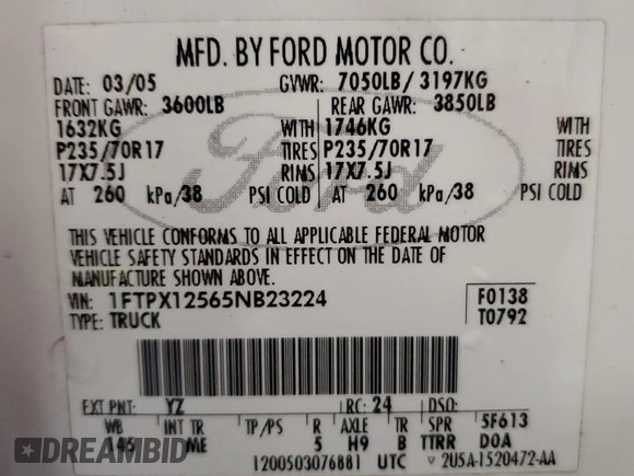 2005 Ford F-150 XLT with VIN 1FTPX12565NB23224, listed as a Copart auction lot 45287545 with 246,493 mi miles and Clean Title. Bid and sale history available at carsss.com. Image 12.
