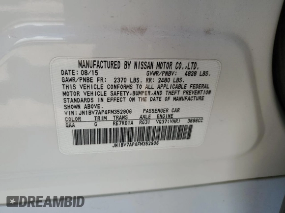 2015 Infiniti Q50 Premium with VIN JN1BV7AP4FM352906, listed as a Copart auction lot 50813885 with Not provided miles and Clean title. Bid and sale history available at DreamBid. Image 12.