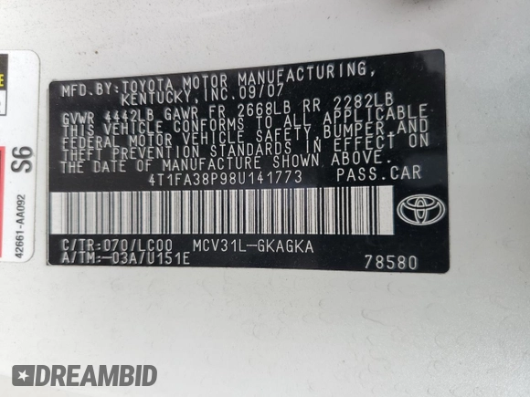 2008 Toyota Solara SE with VIN 4T1FA38P98U141773, listed as a Copart auction lot 71777634 with Not Provided miles and Salvage Title. Bid and sale history available at DreamBid. Image 13.